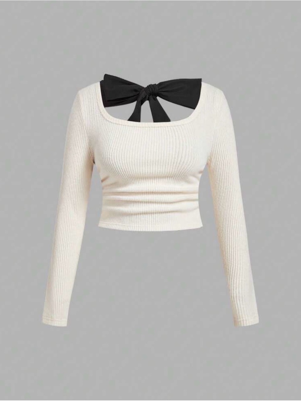 SHEIN Cream Ribbed Long Sleeve Crop Top with Black Bow Back
